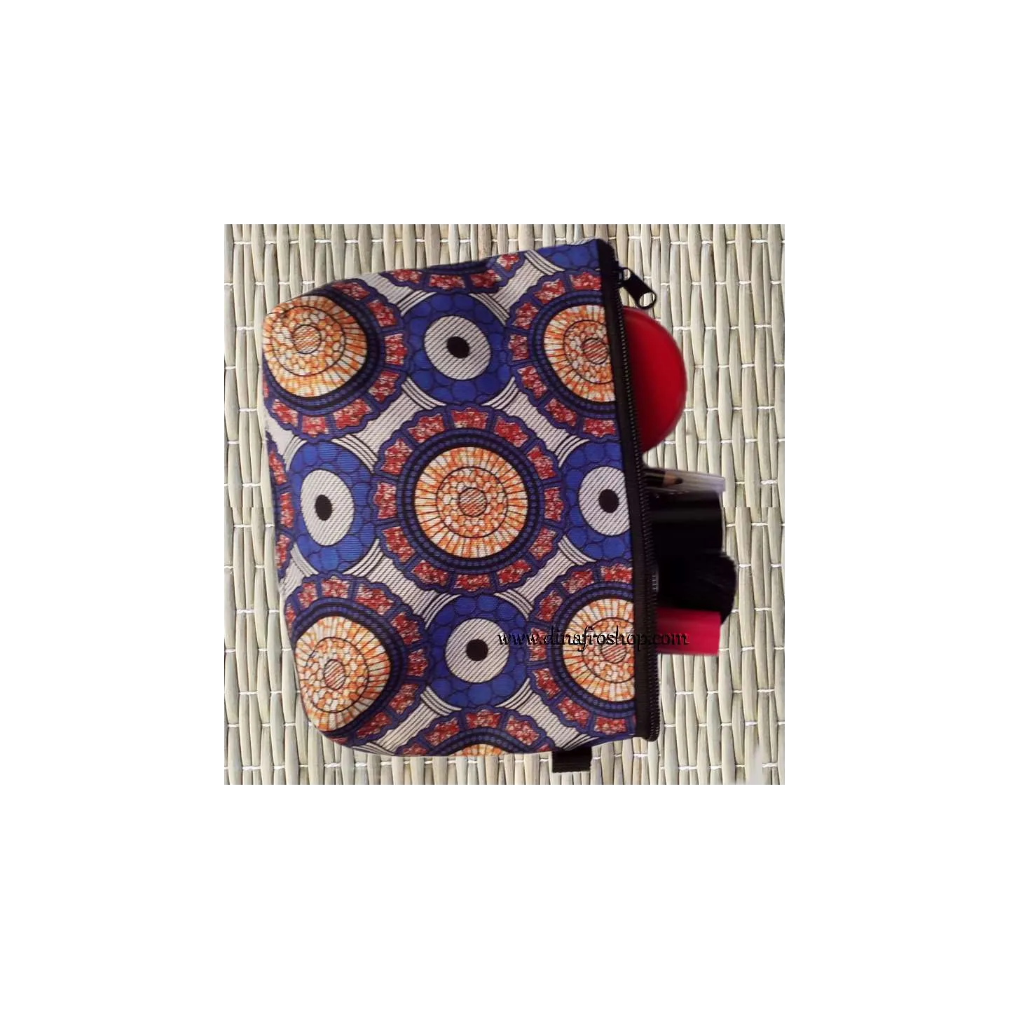 Pochette, trousse de maquillage imprimé africain bleu/gris/jaune