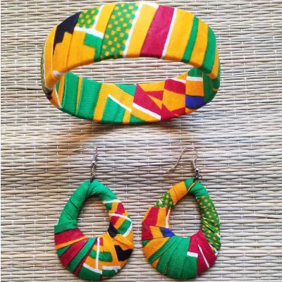 Parure boucle d'oreilles et bracelet en tissu africain wax