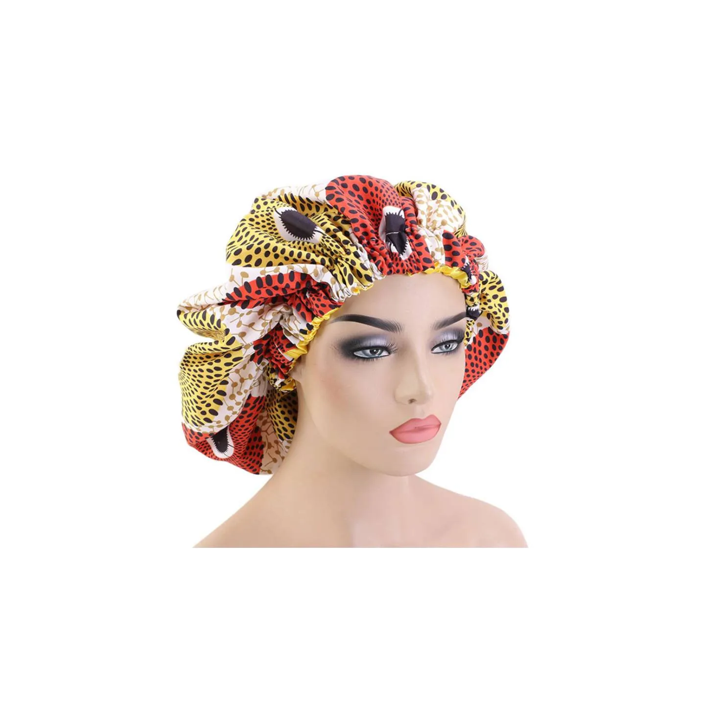Bonnet de nuit en satin imprimé wax/jaune