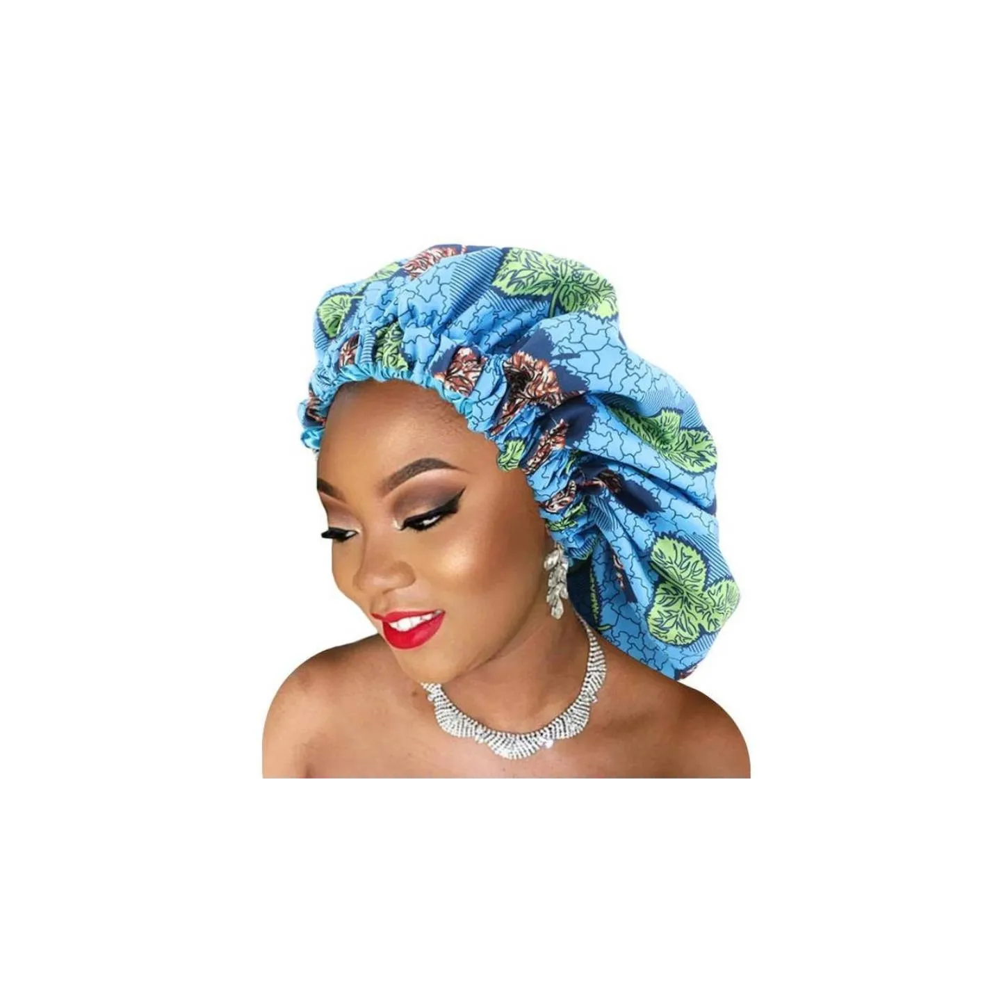 Bonnet de nuit en satin imprimé wax/bleu clair
