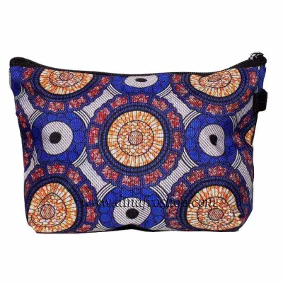 Pochette, trousse de maquillage imprimé africain bleu/gris/jaune