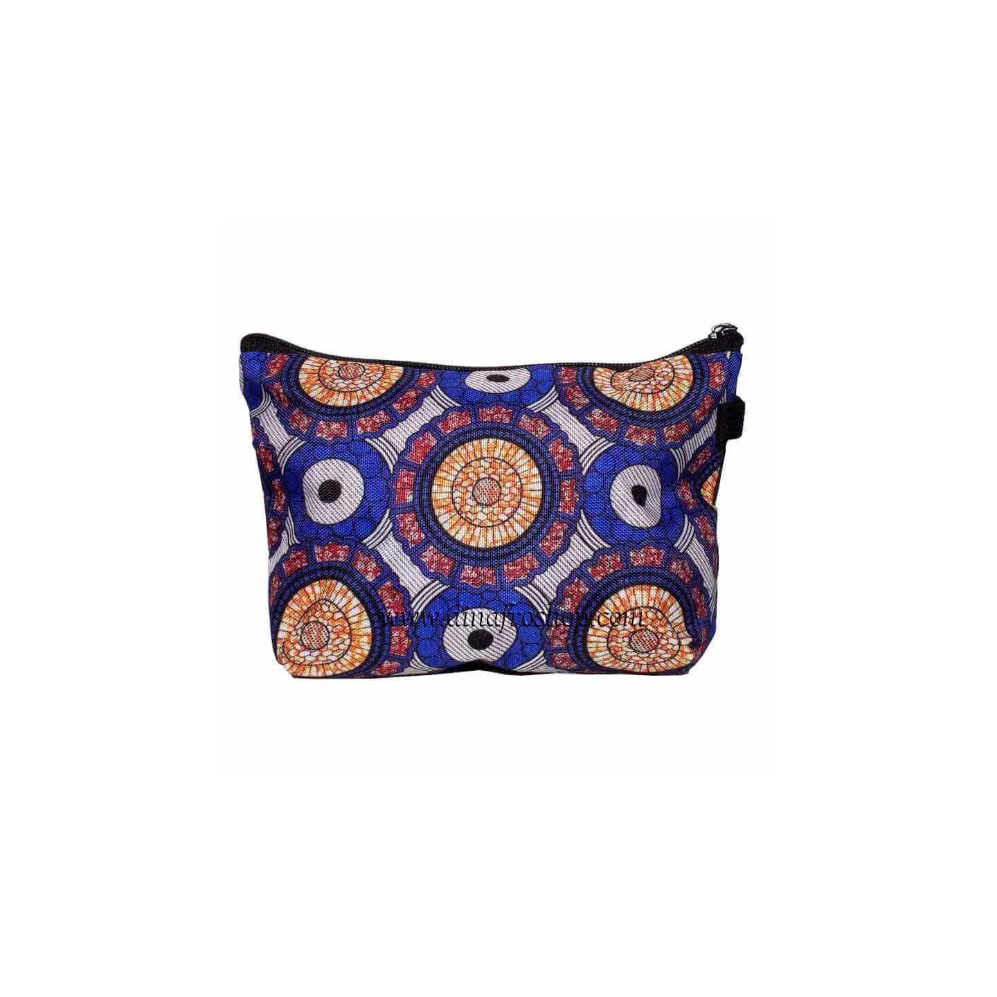 Pochette, trousse de maquillage imprimé africain bleu/gris/jaune