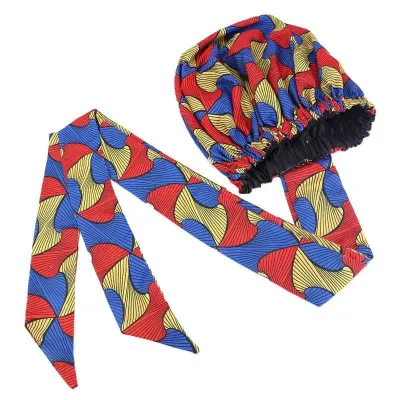 Bonnet Turban en satin imprimé wax Bleu/Rouge/Jaune