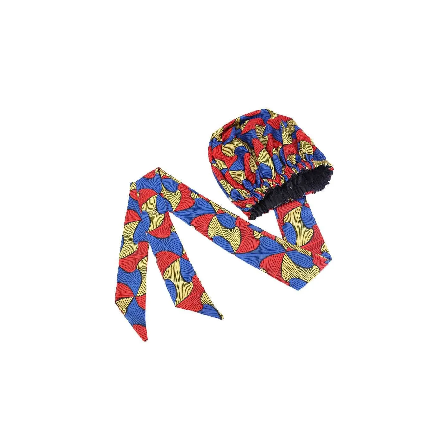 Bonnet Turban en satin imprimé wax Bleu/Rouge/Jaune