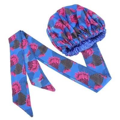 Bonnet Turban en satin imprimé ankara Blue