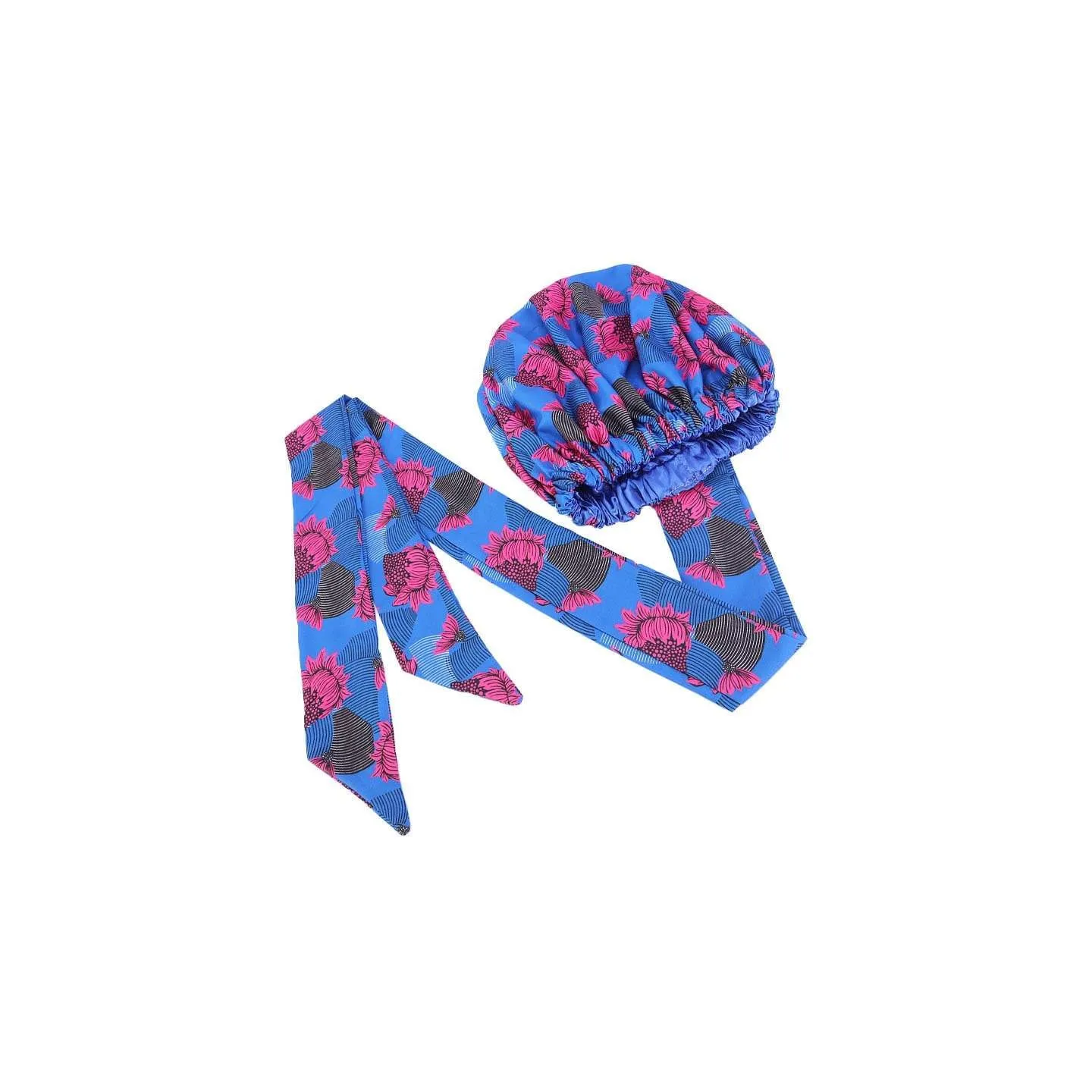 Bonnet Turban en satin imprimé ankara Blue
