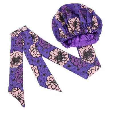 Bonnet Turban en satin imprimé africain mauve