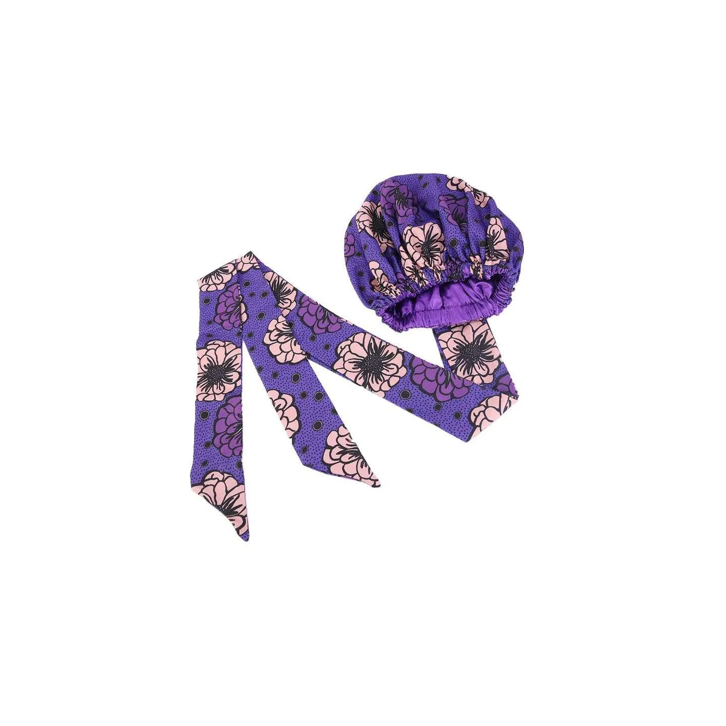 Bonnet Turban en satin imprimé africain mauve