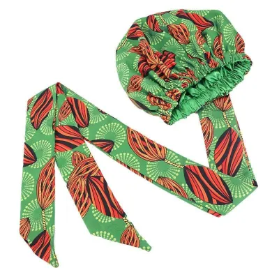 Bonnet Turban en satin imprimé wax Vert/orange