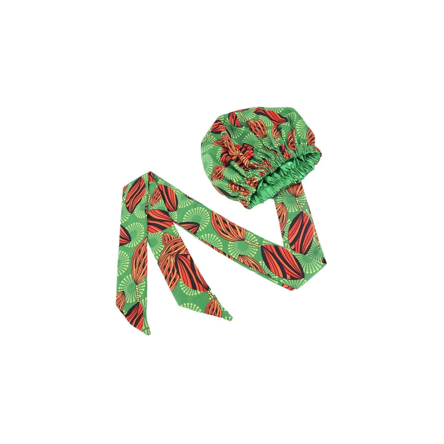 Bonnet Turban en satin imprimé wax Vert/orange