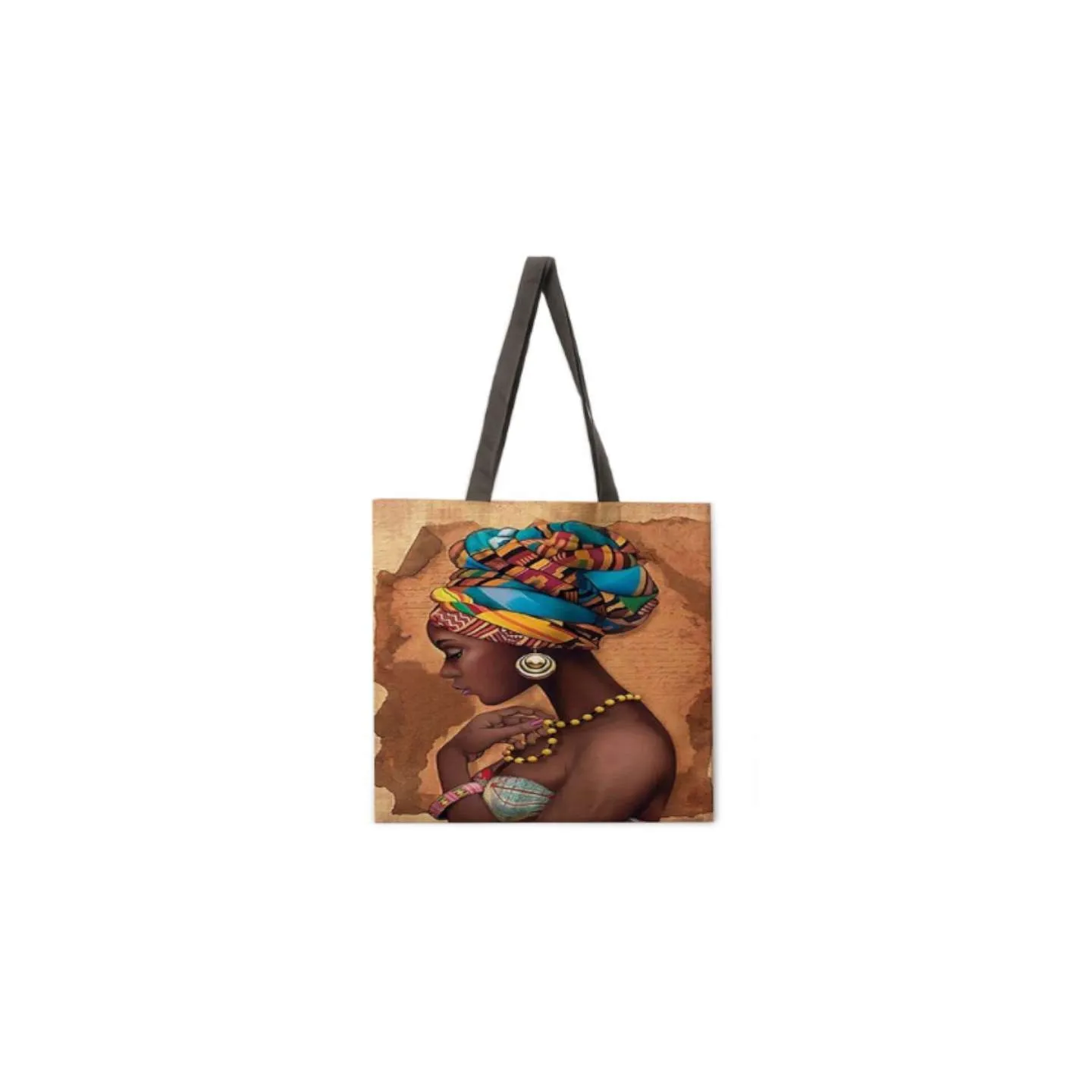 Tote bag en lin avec portrait de femme africaine au turban