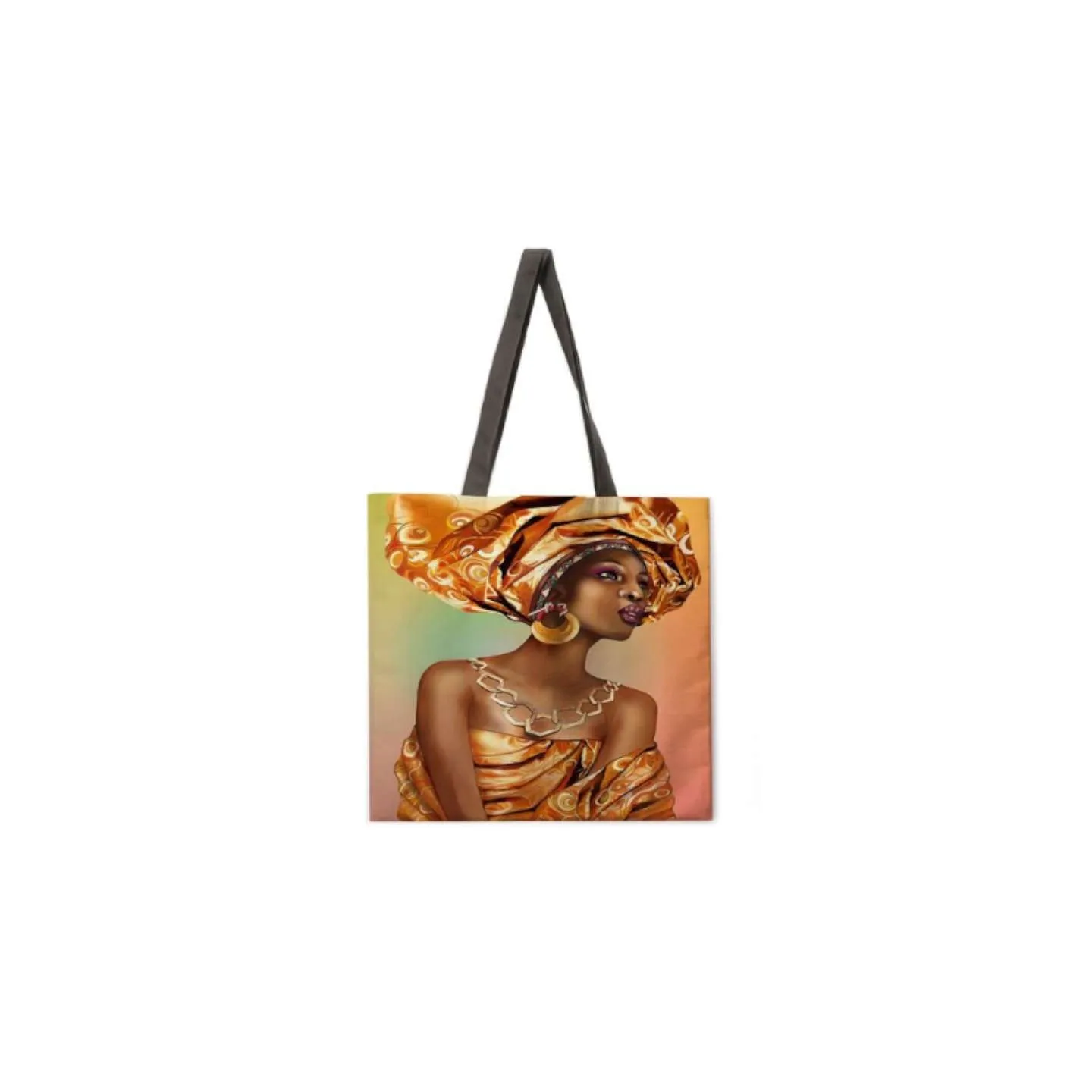 Sac fourre-tout en lin imprimé femme africaine en turban, format 38x38 cm
