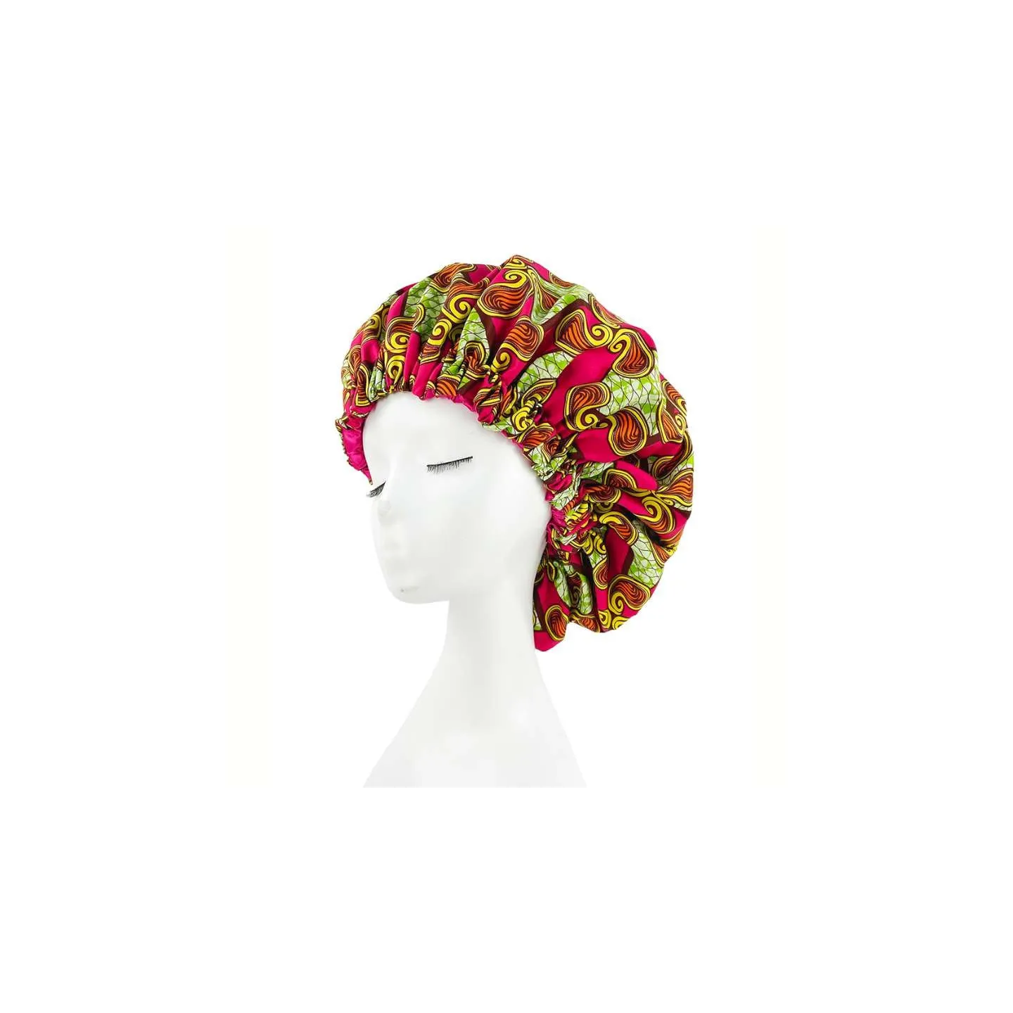 Bonnet de nuit en satin imprimé wax/rouge vert