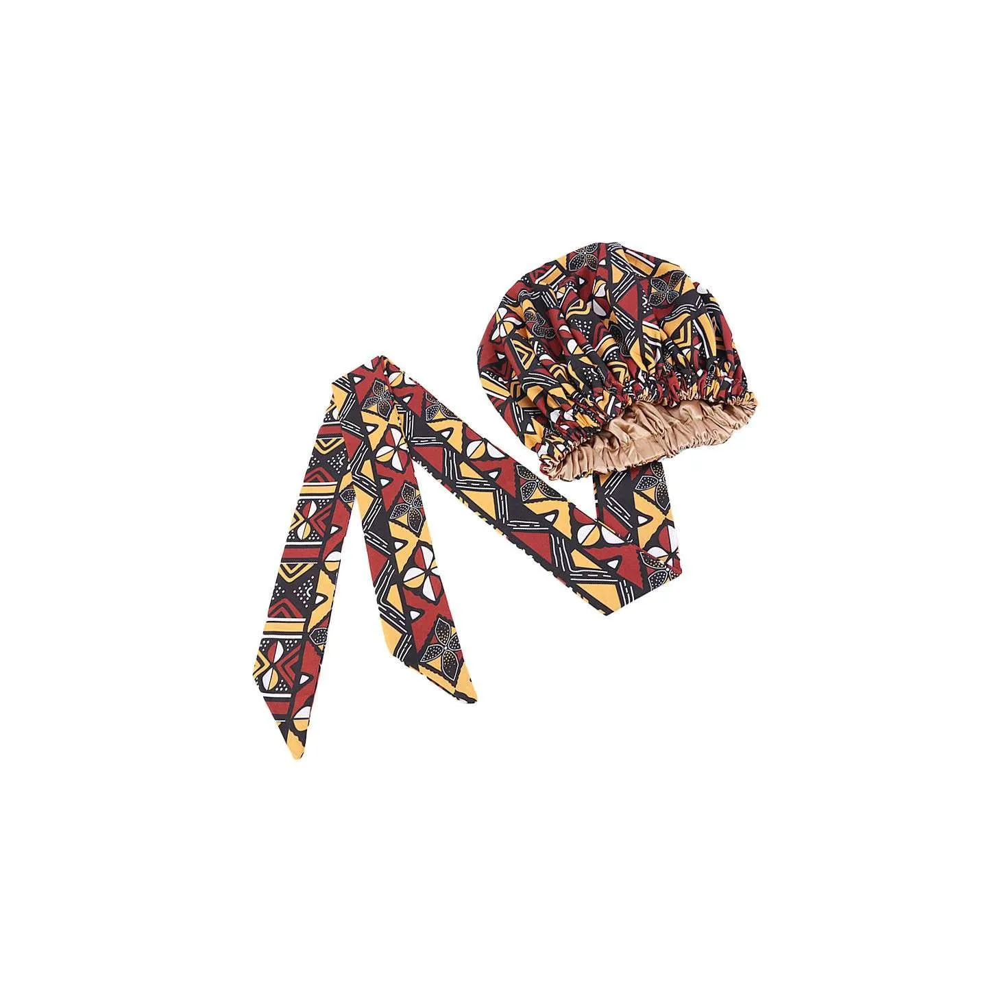Bonnet Turban en satin imprimé africain marron