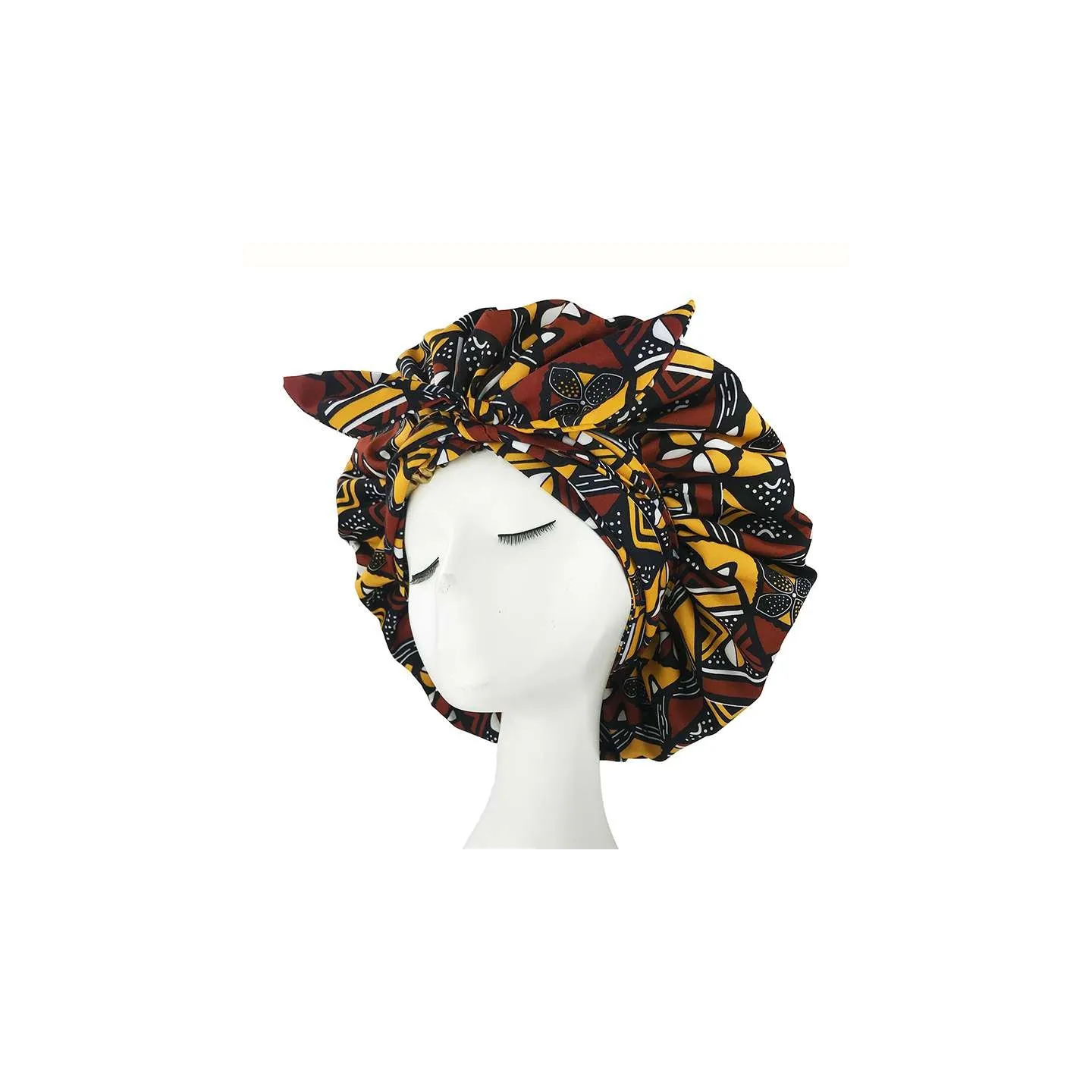 Bonnet Turban en satin imprimé africain marron