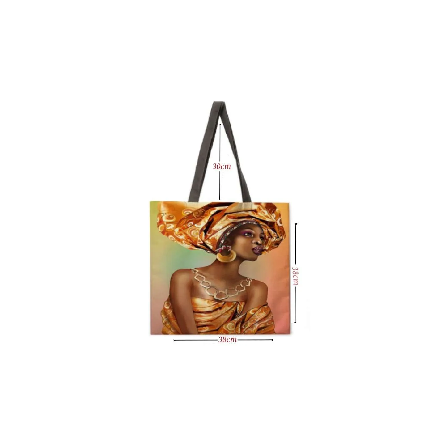 Sac fourre-tout en lin imprimé femme africaine en turban, format 38x38 cm