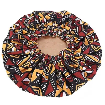 Bonnet de nuit en satin imprimé wax/ Marron