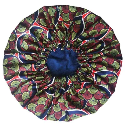 Bonnet de nuit en satin imprimé wax/bleu-rouge-vert