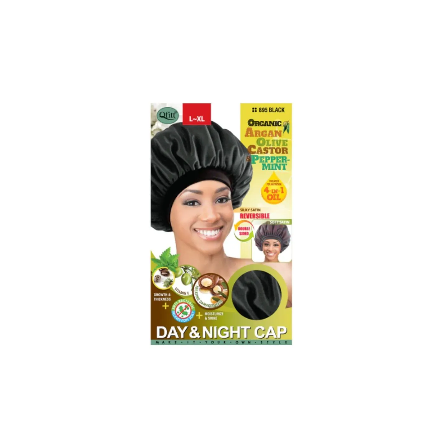 Bonnet de nuit en satin large réversible traité à l’huile d’argan, d'olive, et de ricin
