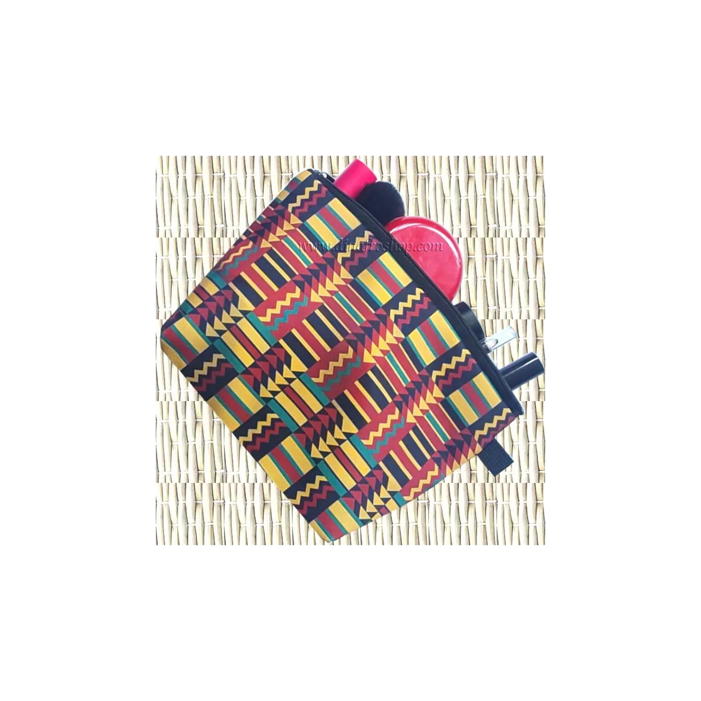Trousse de beauté en tissu imprimé africain Rouge/jaune/vert