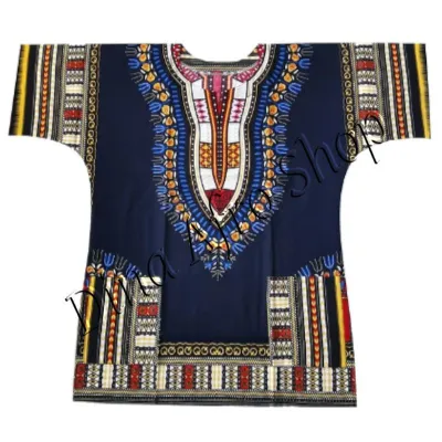 Tunique Dashiki bleu nuit motif  jaune blanc noir