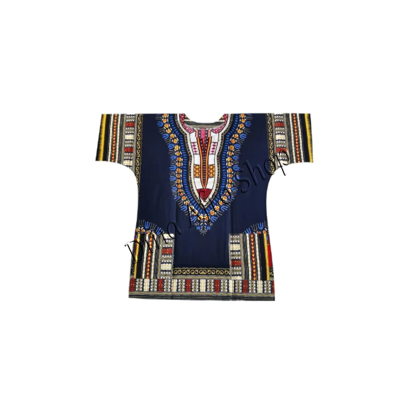 Tunique Dashiki bleu nuit motif  jaune blanc noir