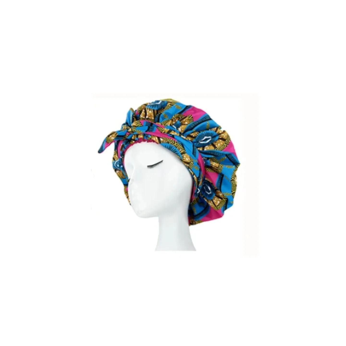 Bonnet Turban en satin en tissu africain Rose/Bleu
