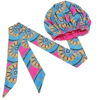 Bonnet Turban en satin en tissu africain Rose/Bleu