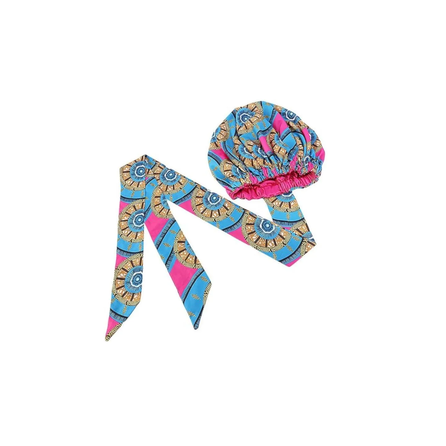 Bonnet Turban en satin en tissu africain Rose/Bleu