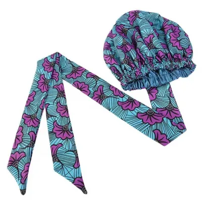 Bonnet Turban en satin imprimé ankara Bleu/Violet