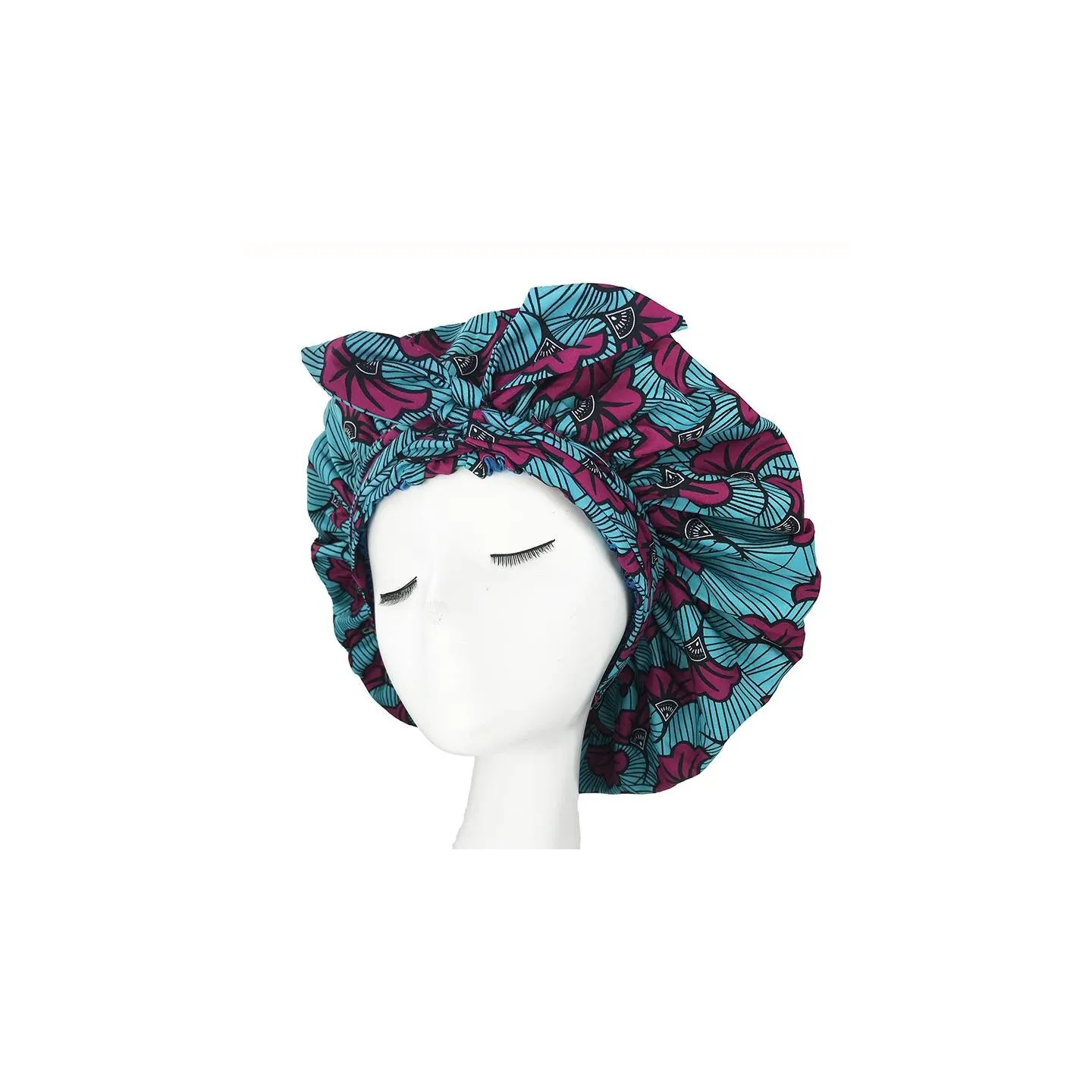 Bonnet Turban en satin imprimé ankara Bleu/Violet
