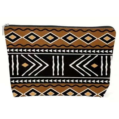 Trousse de maquillage imprimé bogolan noir/marron