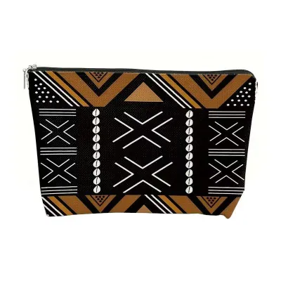 Pochette, trousse de maquillage tissu imprimé bogolan noir/blanc/marron