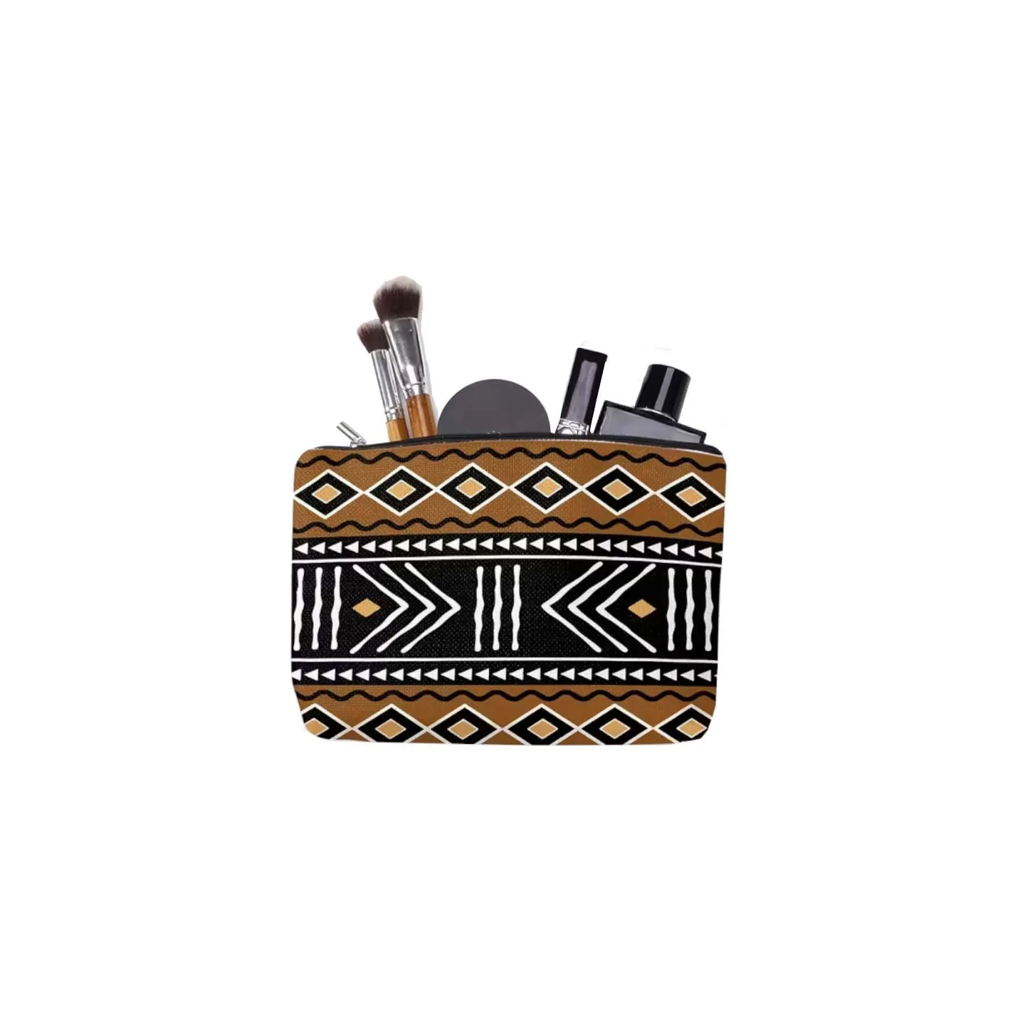 Pochette, trousse de maquillage tissu imprimé bogolan noir/blanc/marron
