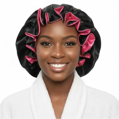 Bonnet de nuit en satin extra large noir réversible pour cheveux afro bouclés crépus et frisés