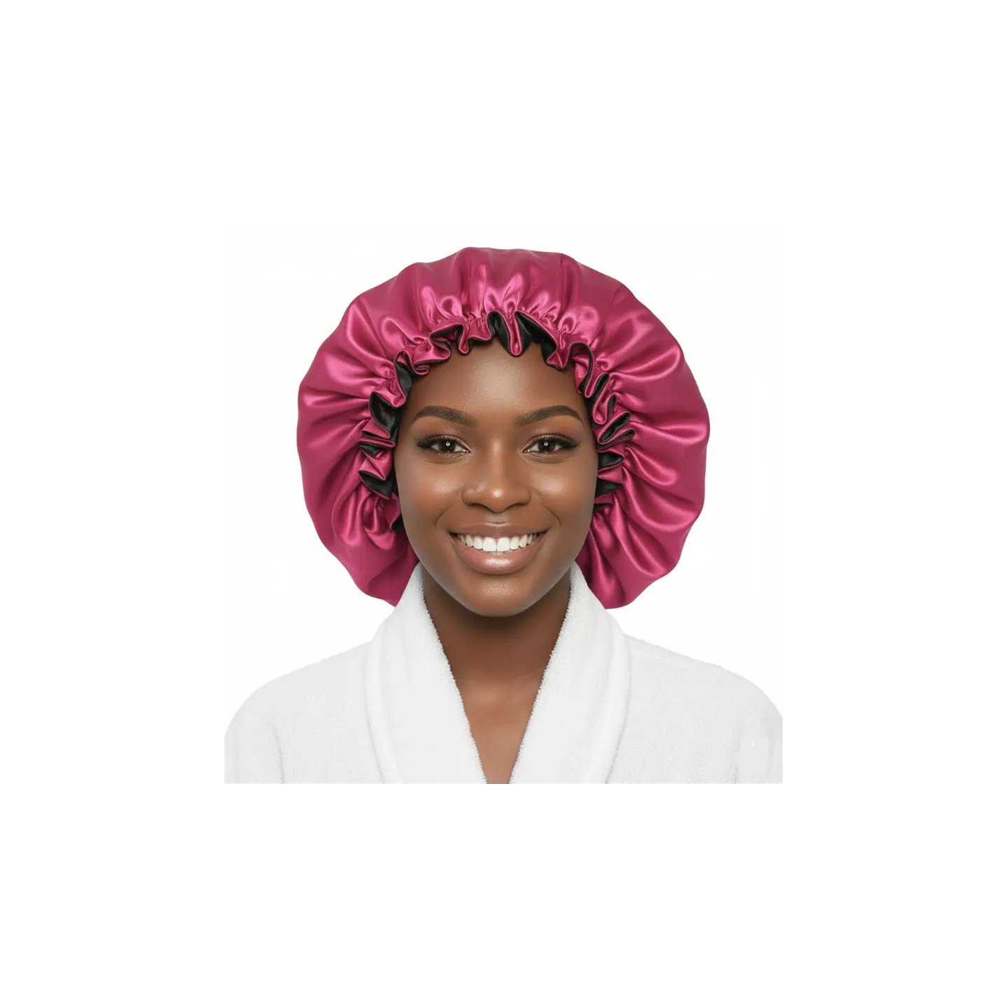 Femme portant bonnet de nuit satin protection cheveux naturels sommeil