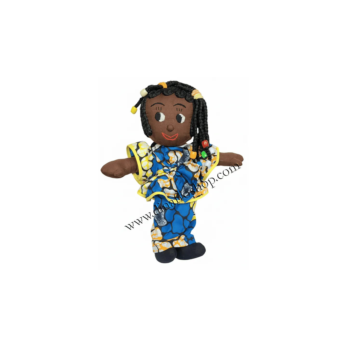 Artisanale poupée traditionnelle Afrique robe kenté motifs colorés déco ethnique cadeau enfant.