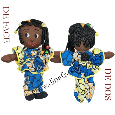 Poupée africaine Ama tissu kenté coton avec bébé au dos tresses perles jouet culturel enfants 30cm.