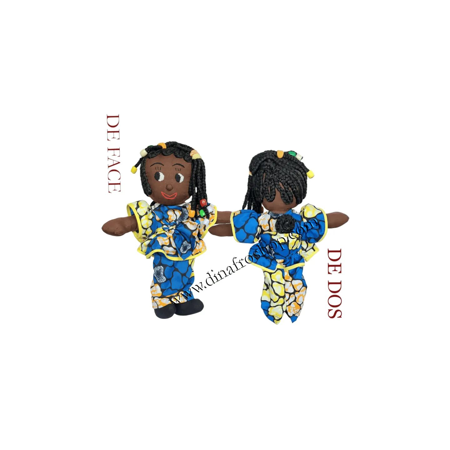 Poupée africaine Ama tissu kenté coton avec bébé au dos tresses perles jouet culturel enfants 30cm.
