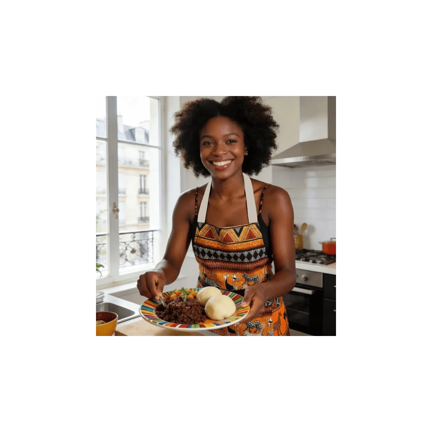 Tablier cuisine ethnique africain lin femme cheveux crépus fufu sauce