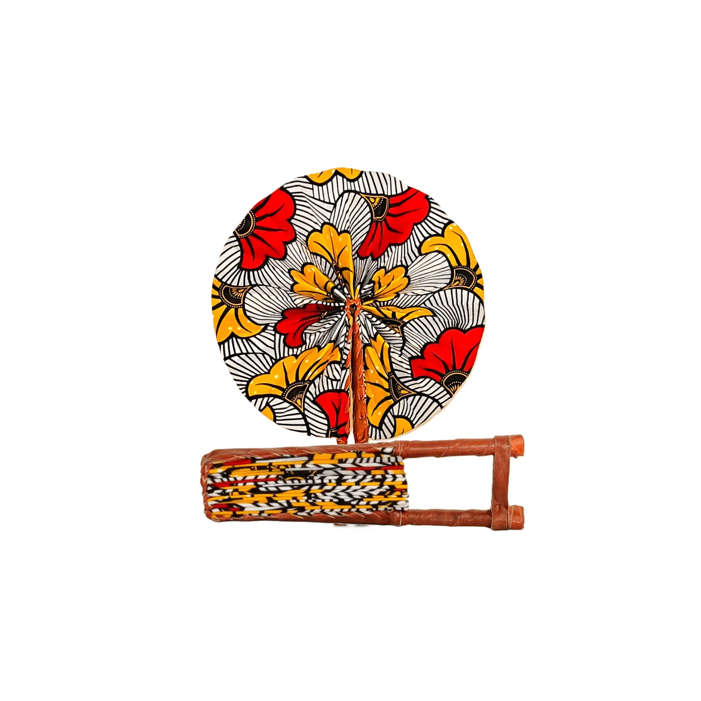 Éventail africain wax 100% coton, motifs floraux stylisés, accessoire d’été et déco