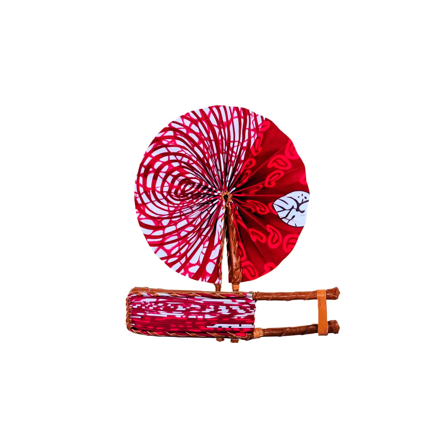 Éventail africain pliable en tissu wax à motifs floraux rouges et gris, accessoire d’été et de cérémoni