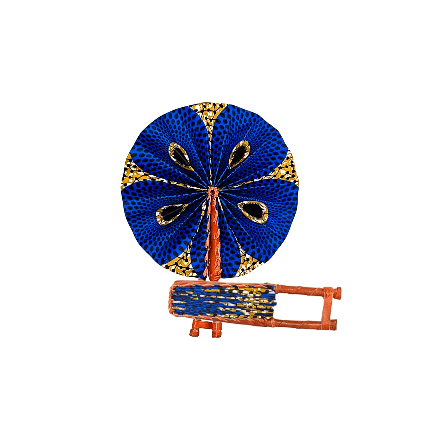 Éventail mural africain en tissu wax bleu et jaune, accessoire d’été et déco ethnique