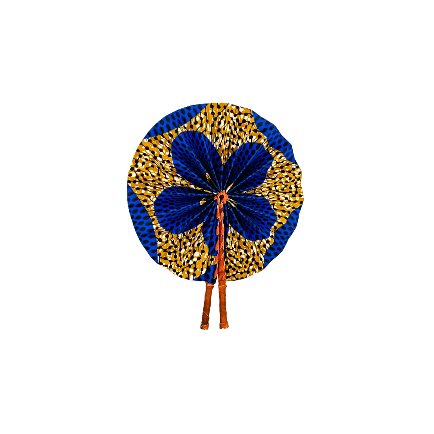 Éventail africain en wax bleu et jaune 100% coton avec poignée en bois et cuir