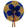 Éventail africain en wax bleu et jaune 100% coton avec poignée en bois et cuir