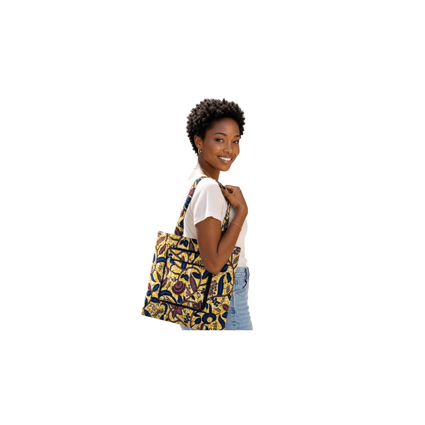 Tote Bag Wax pliable motif feuilles bleues violettes - sac cabas zippé Dina Afro Shop