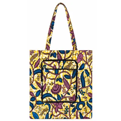 Tote Bag Wax pliable motif feuilles bleues violettes - sac cabas zippé Dina Afro Shop