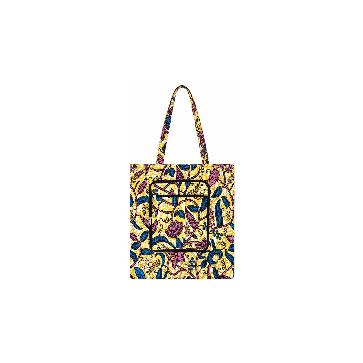 Tote Bag Wax pliable motif feuilles bleues violettes - sac cabas zippé Dina Afro Shop