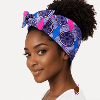 Femme noire portant un bandeau wax bleu/rose/gris – coiffure sur cheveux naturels