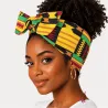 Femme noire portant bandeau wax jaune/noir avec cheveux naturels
